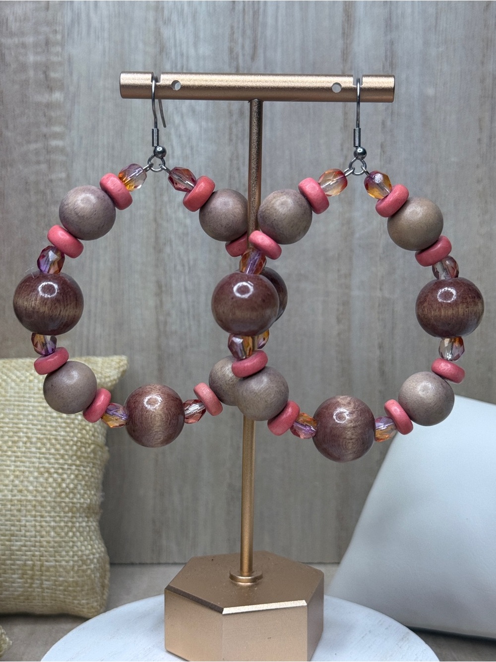 Brown Wood & Purple Orange Czech Crystal Beaded Hoop Earrings